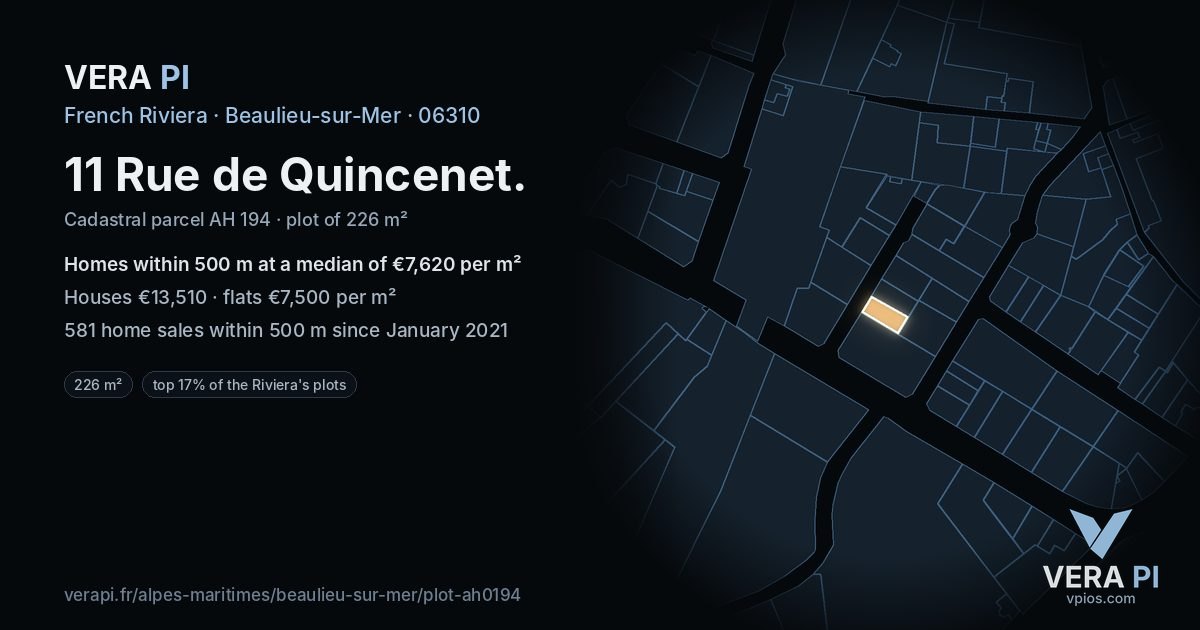 11 Rue de Quincenet, Beaulieu-sur-Mer at night – the plot lit, the parcels around coloured by the prices near them