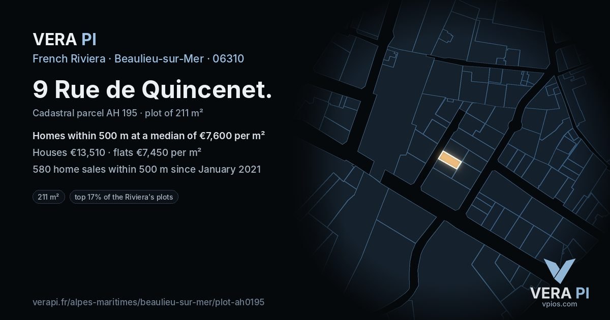 9 Rue de Quincenet, Beaulieu-sur-Mer at night – the plot lit, the parcels around coloured by the prices near them