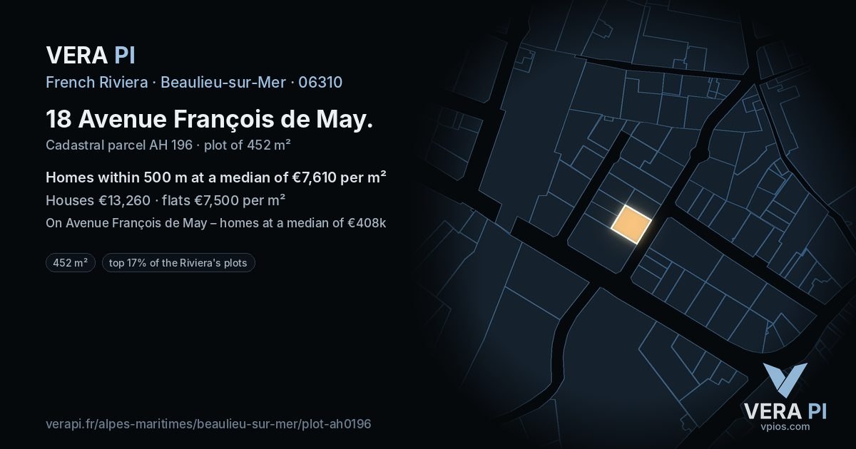 18 Avenue François de May, Beaulieu-sur-Mer at night – the plot lit, the parcels around coloured by the prices near them