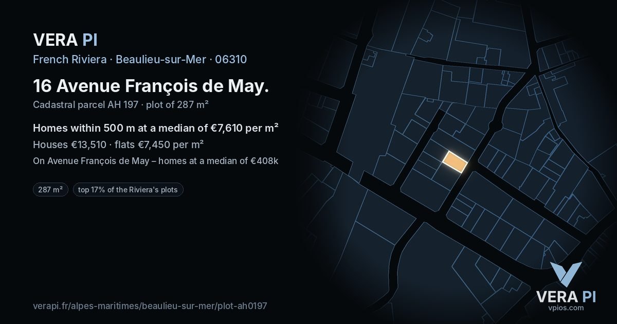 16 Avenue François de May, Beaulieu-sur-Mer at night – the plot lit, the parcels around coloured by the prices near them