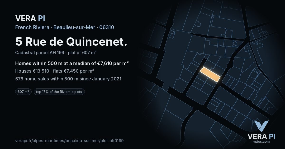 5 Rue de Quincenet, Beaulieu-sur-Mer at night – the plot lit, the parcels around coloured by the prices near them