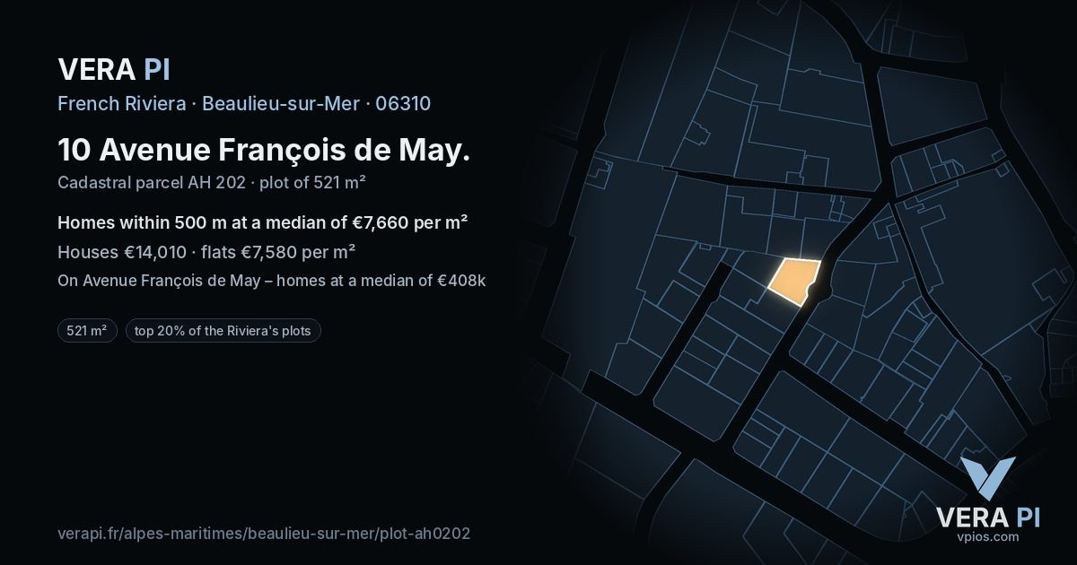 10 Avenue François de May, Beaulieu-sur-Mer at night – the plot lit, the parcels around coloured by the prices near them