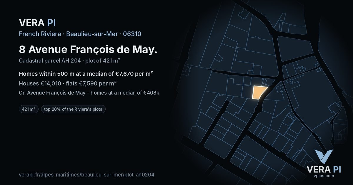 8 Avenue François de May, Beaulieu-sur-Mer at night – the plot lit, the parcels around coloured by the prices near them