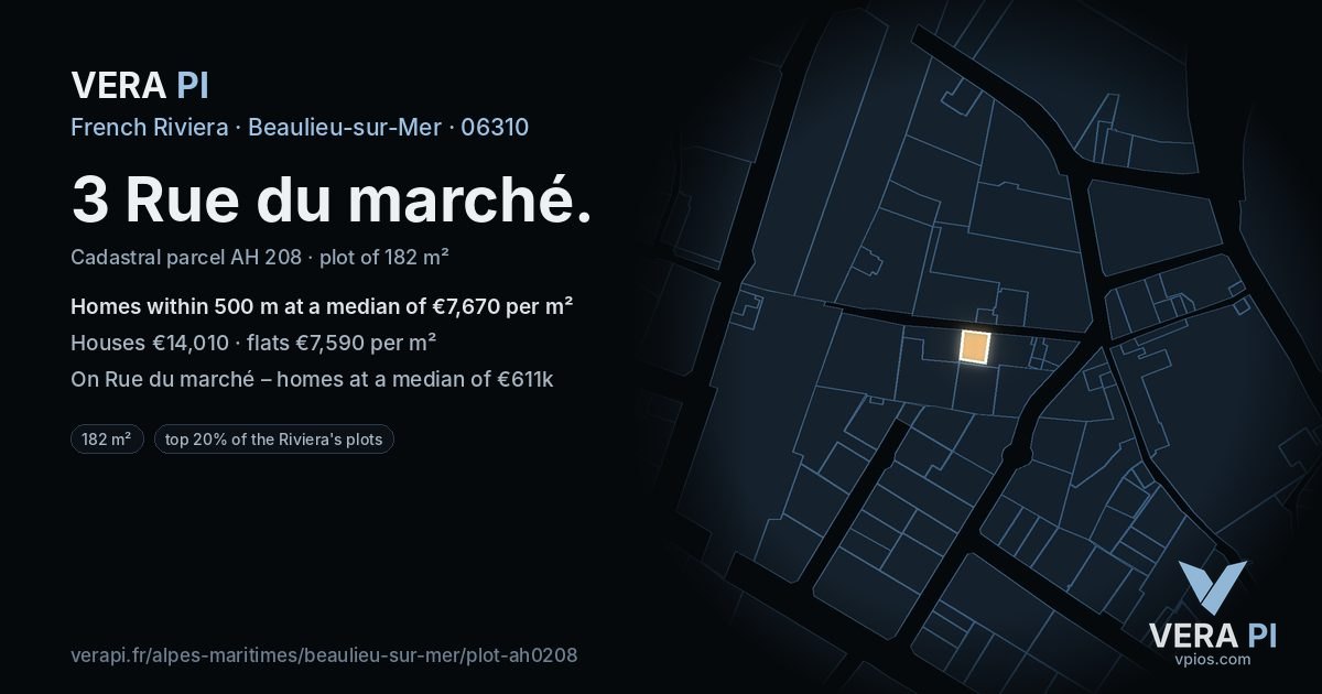 3 Rue du marché, Beaulieu-sur-Mer at night – the plot lit, the parcels around coloured by the prices near them