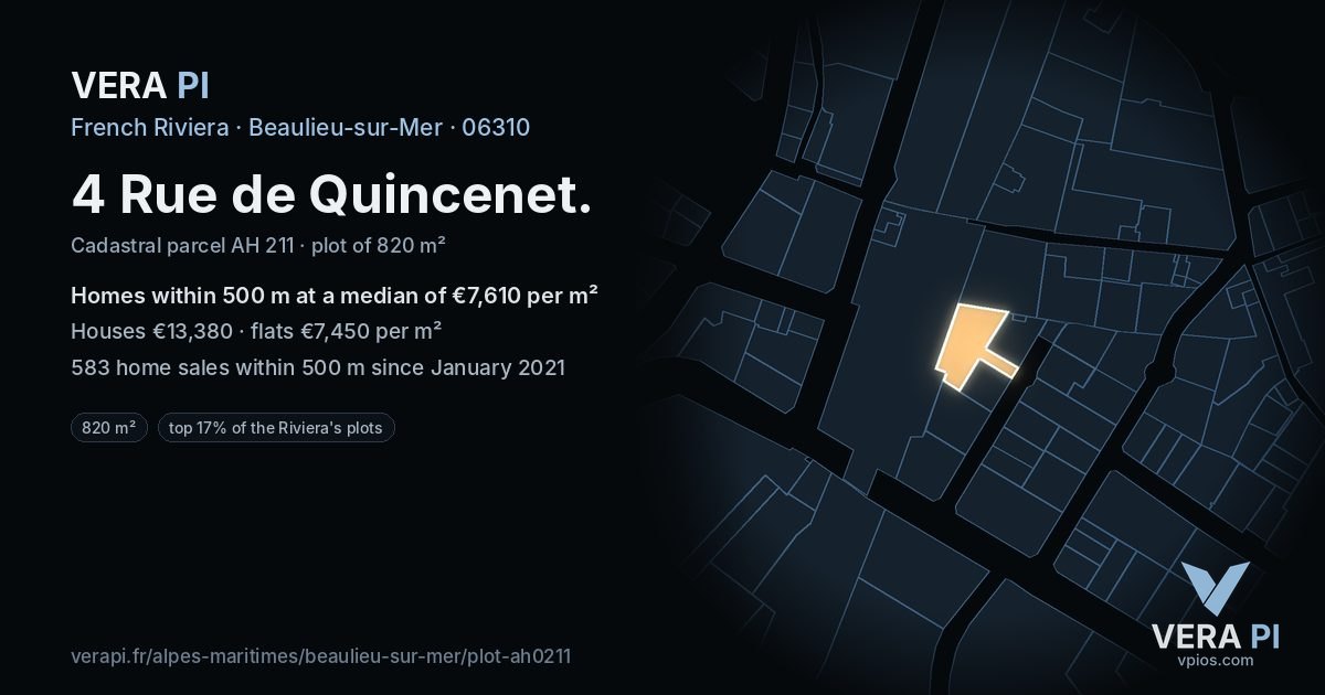 4 Rue de Quincenet, Beaulieu-sur-Mer at night – the plot lit, the parcels around coloured by the prices near them