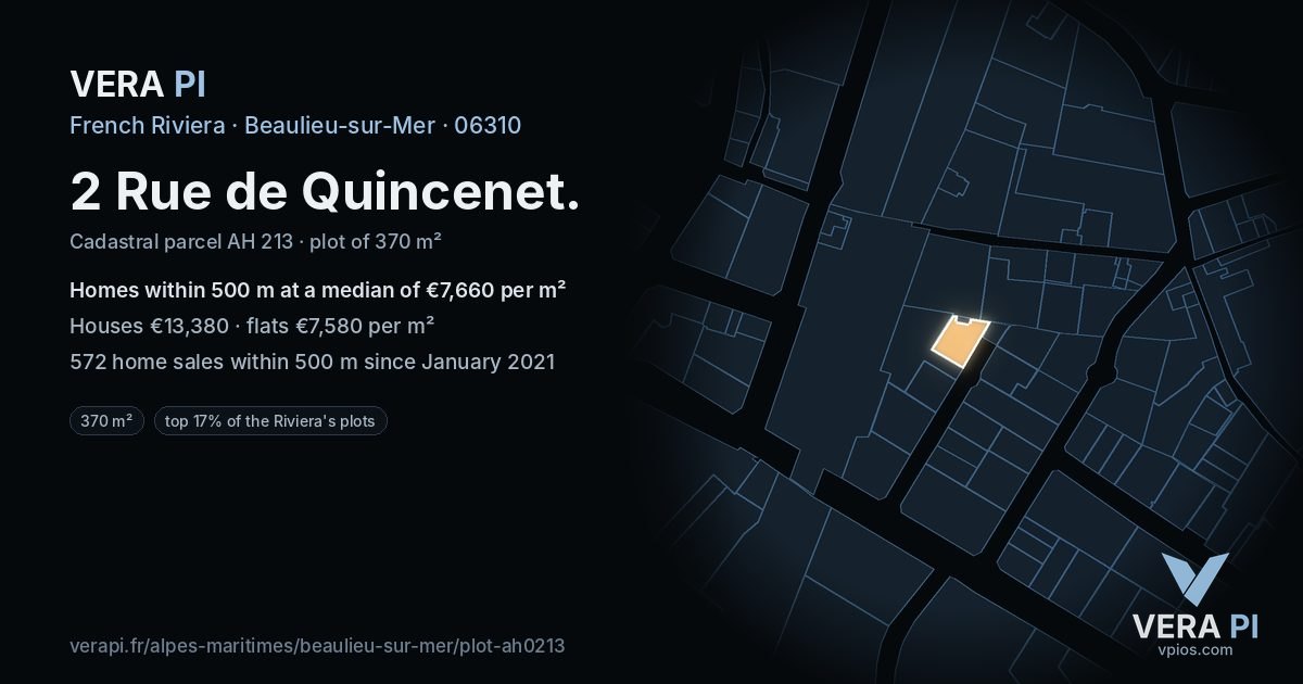 2 Rue de Quincenet, Beaulieu-sur-Mer at night – the plot lit, the parcels around coloured by the prices near them