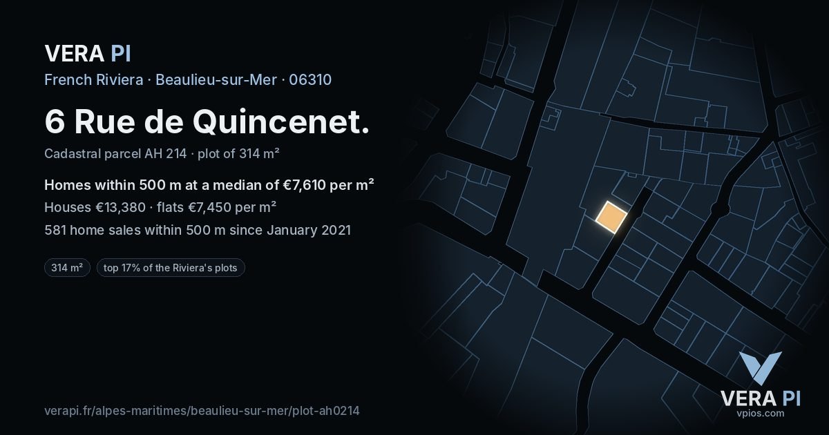 6 Rue de Quincenet, Beaulieu-sur-Mer at night – the plot lit, the parcels around coloured by the prices near them