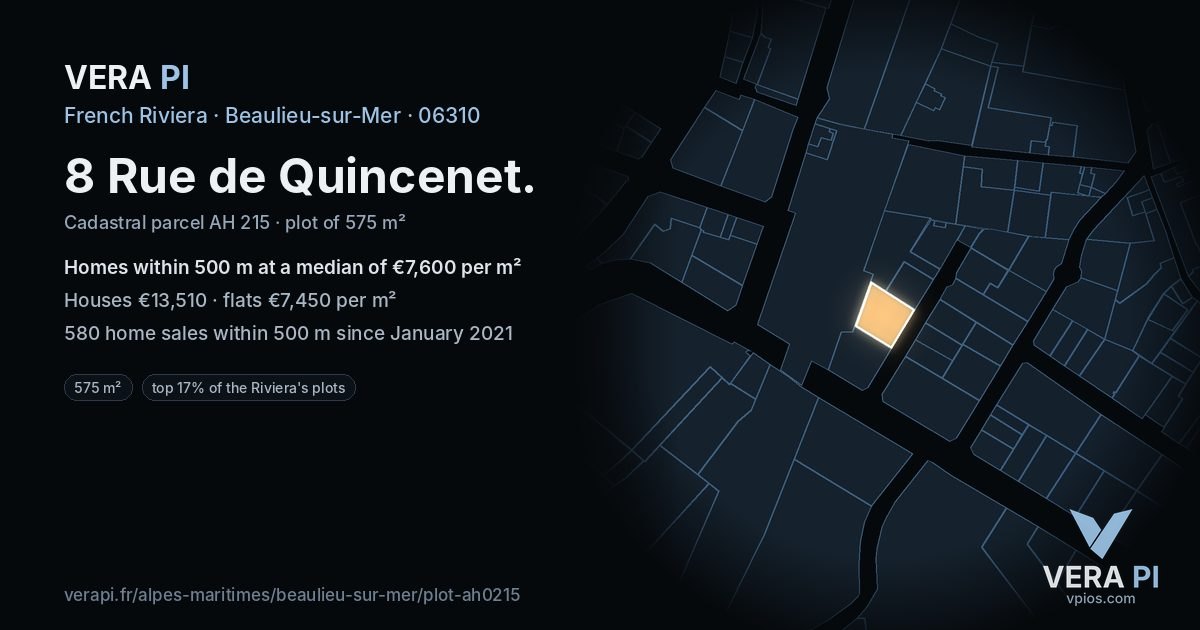8 Rue de Quincenet, Beaulieu-sur-Mer at night – the plot lit, the parcels around coloured by the prices near them