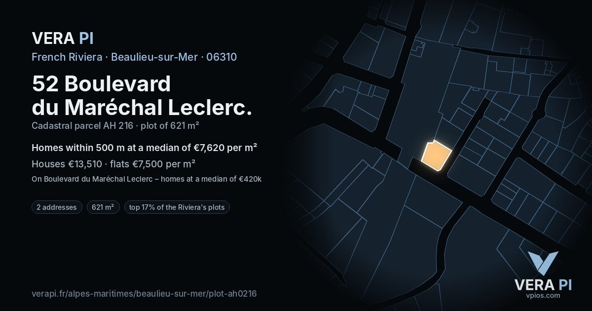 52 Boulevard du Maréchal Leclerc, Beaulieu-sur-Mer at night – the plot lit, the parcels around coloured by the prices near them