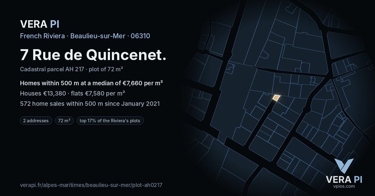 7 Rue de Quincenet, Beaulieu-sur-Mer at night – the plot lit, the parcels around coloured by the prices near them