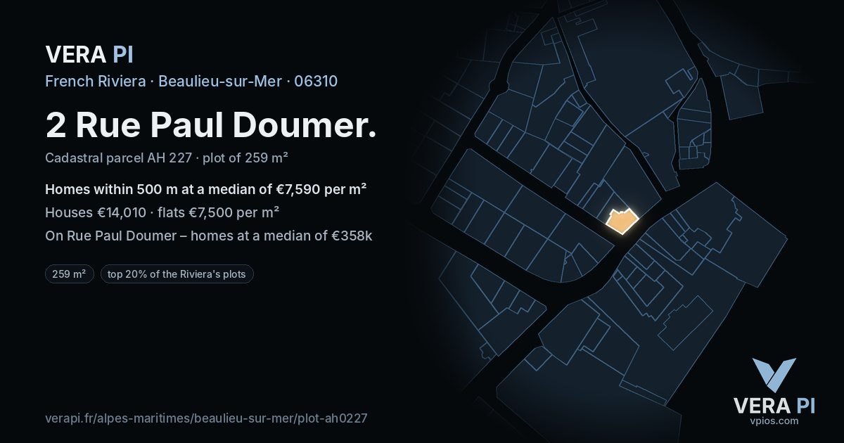 2 Rue Paul Doumer, Beaulieu-sur-Mer at night – the plot lit, the parcels around coloured by the prices near them