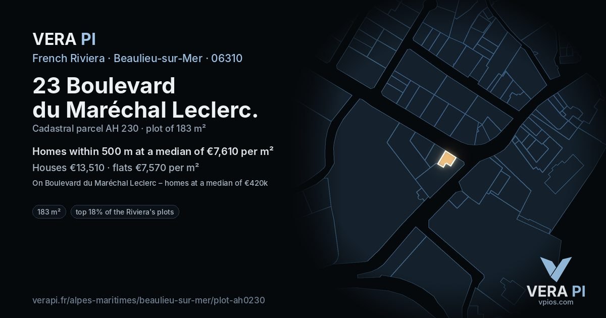 23 Boulevard du Maréchal Leclerc, Beaulieu-sur-Mer at night – the plot lit, the parcels around coloured by the prices near them