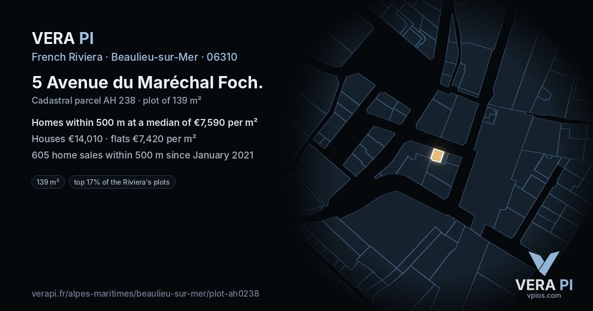 5 Avenue du Maréchal Foch, Beaulieu-sur-Mer at night – the plot lit, the parcels around coloured by the prices near them