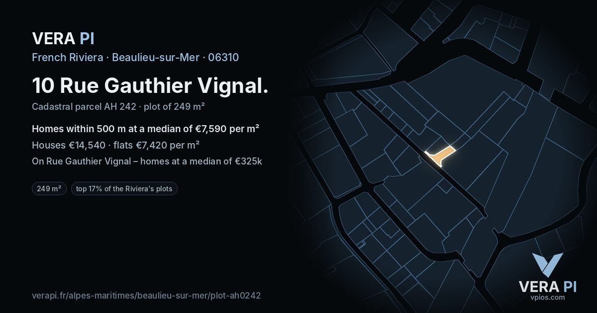 10 Rue Gauthier Vignal, Beaulieu-sur-Mer at night – the plot lit, the parcels around coloured by the prices near them