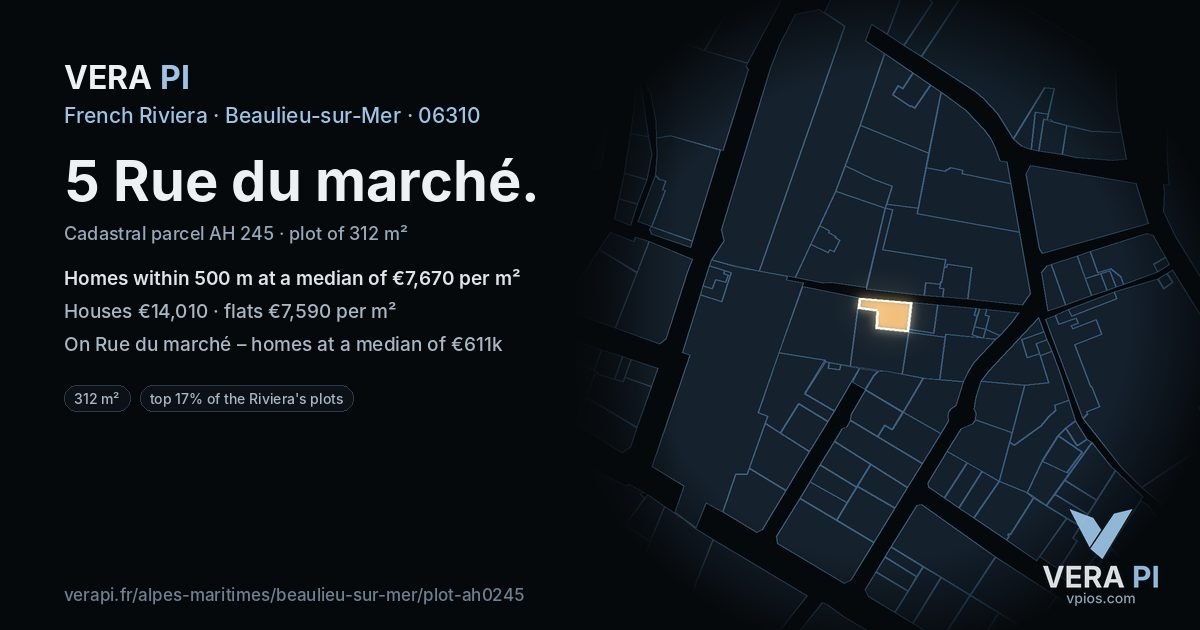 5 Rue du marché, Beaulieu-sur-Mer at night – the plot lit, the parcels around coloured by the prices near them