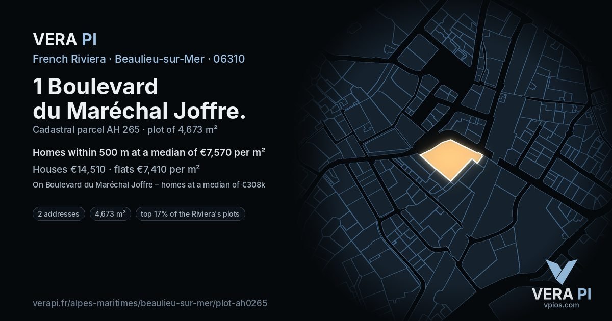 1 Boulevard du Maréchal Joffre, Beaulieu-sur-Mer at night – the plot lit, the parcels around coloured by the prices near them