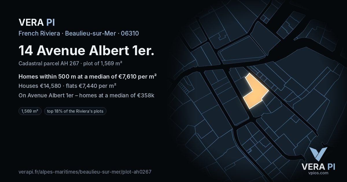 14 Avenue Albert 1er, Beaulieu-sur-Mer at night – the plot lit, the parcels around coloured by the prices near them