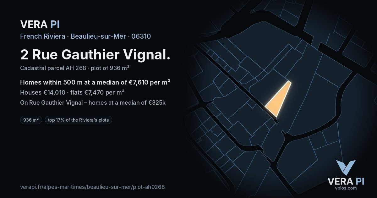 2 Rue Gauthier Vignal, Beaulieu-sur-Mer at night – the plot lit, the parcels around coloured by the prices near them