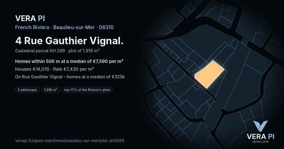 4 Rue Gauthier Vignal, Beaulieu-sur-Mer at night – the plot lit, the parcels around coloured by the prices near them