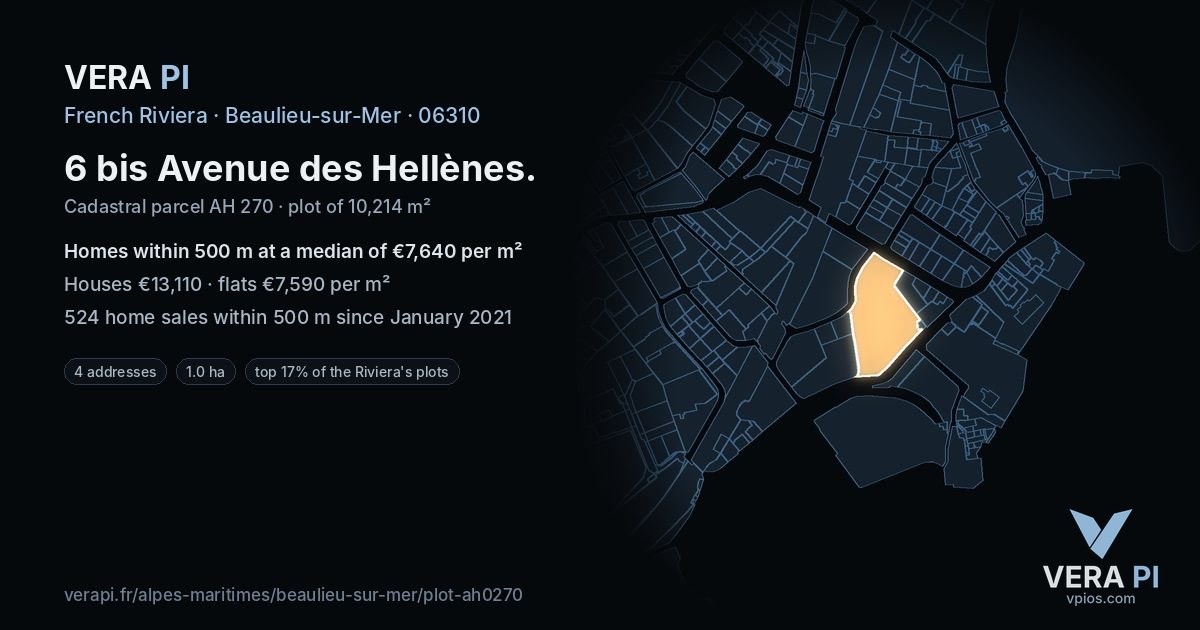 6 bis Avenue des Hellènes, Beaulieu-sur-Mer at night – the plot lit, the parcels around coloured by the prices near them