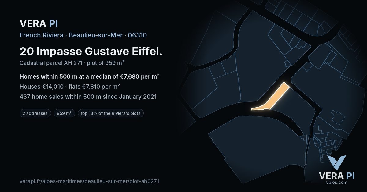 20 Impasse Gustave Eiffel, Beaulieu-sur-Mer at night – the plot lit, the parcels around coloured by the prices near them