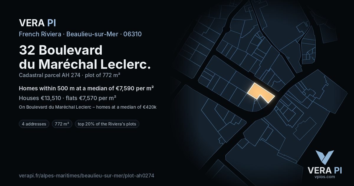 32 Boulevard du Maréchal Leclerc, Beaulieu-sur-Mer at night – the plot lit, the parcels around coloured by the prices near them