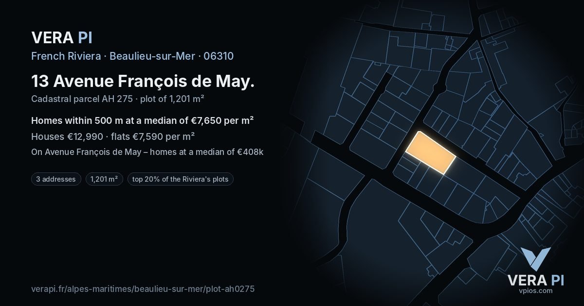 13 Avenue François de May, Beaulieu-sur-Mer at night – the plot lit, the parcels around coloured by the prices near them