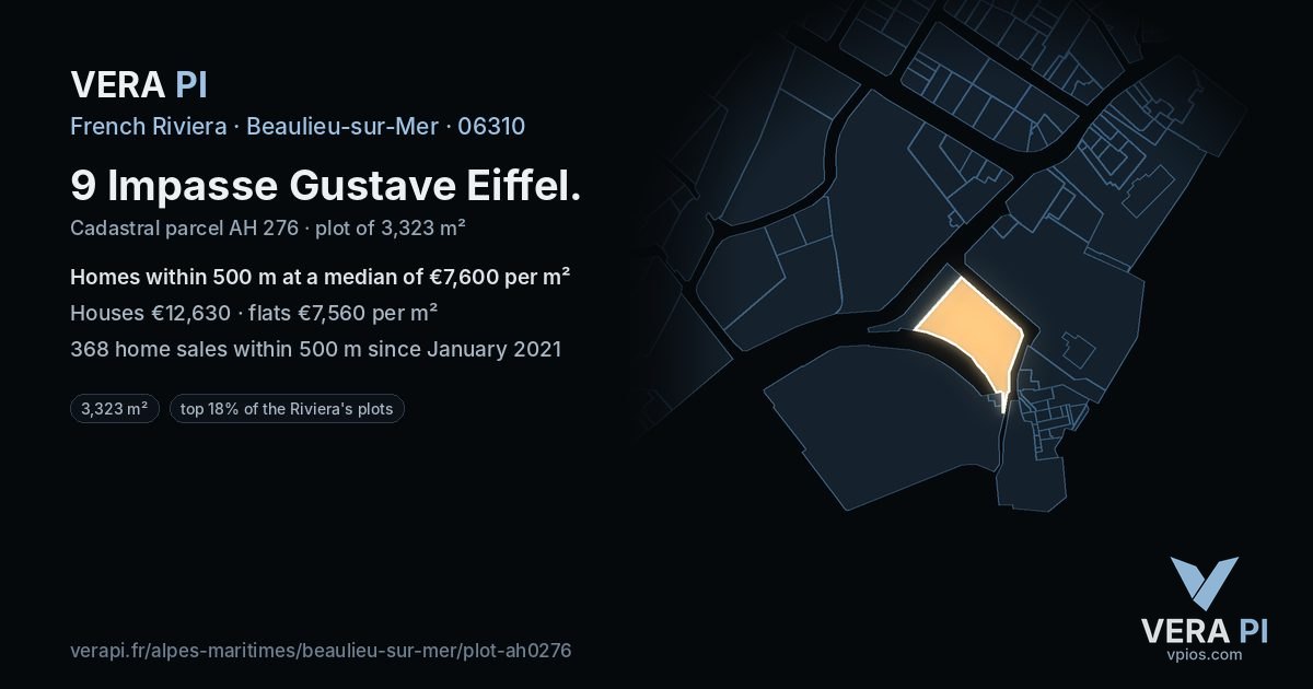 9 Impasse Gustave Eiffel, Beaulieu-sur-Mer at night – the plot lit, the parcels around coloured by the prices near them