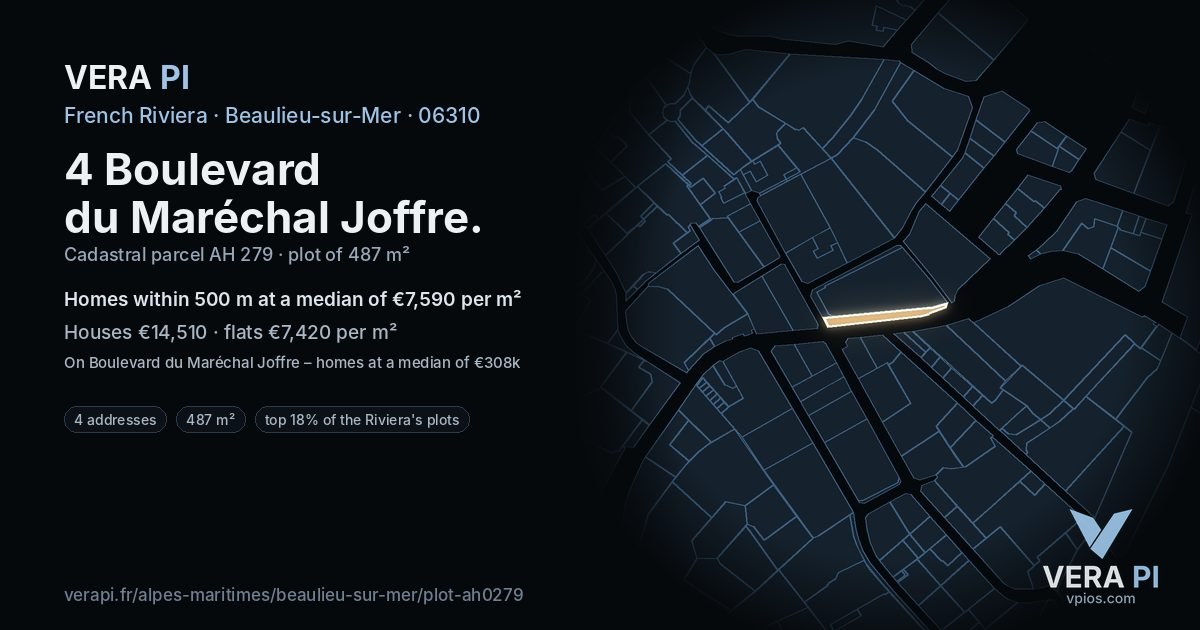 4 Boulevard du Maréchal Joffre, Beaulieu-sur-Mer at night – the plot lit, the parcels around coloured by the prices near them