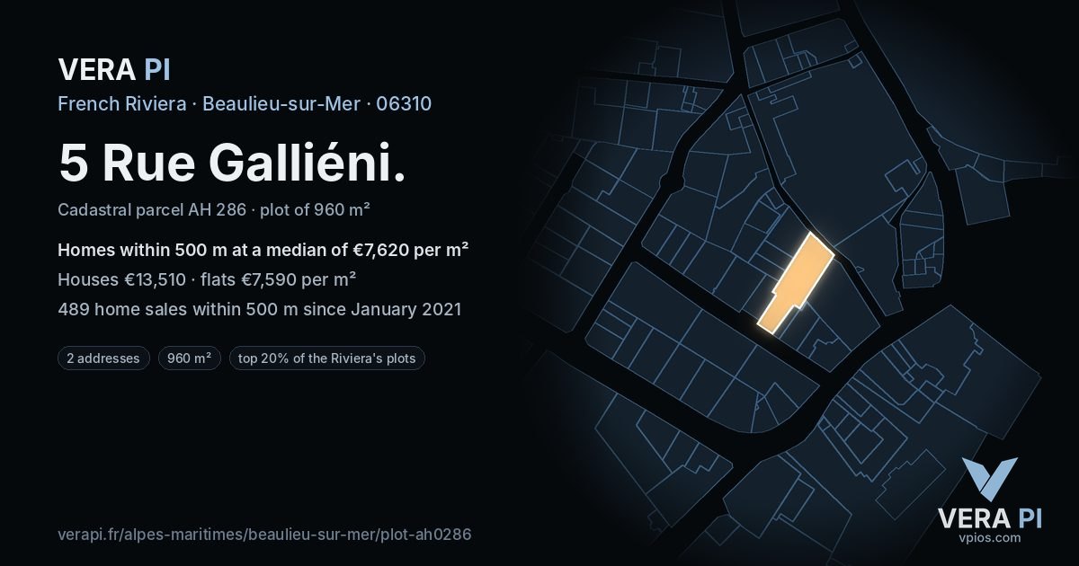 5 Rue Galliéni, Beaulieu-sur-Mer at night – the plot lit, the parcels around coloured by the prices near them