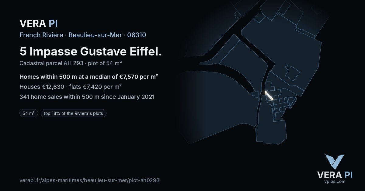 5 Impasse Gustave Eiffel, Beaulieu-sur-Mer at night – the plot lit, the parcels around coloured by the prices near them