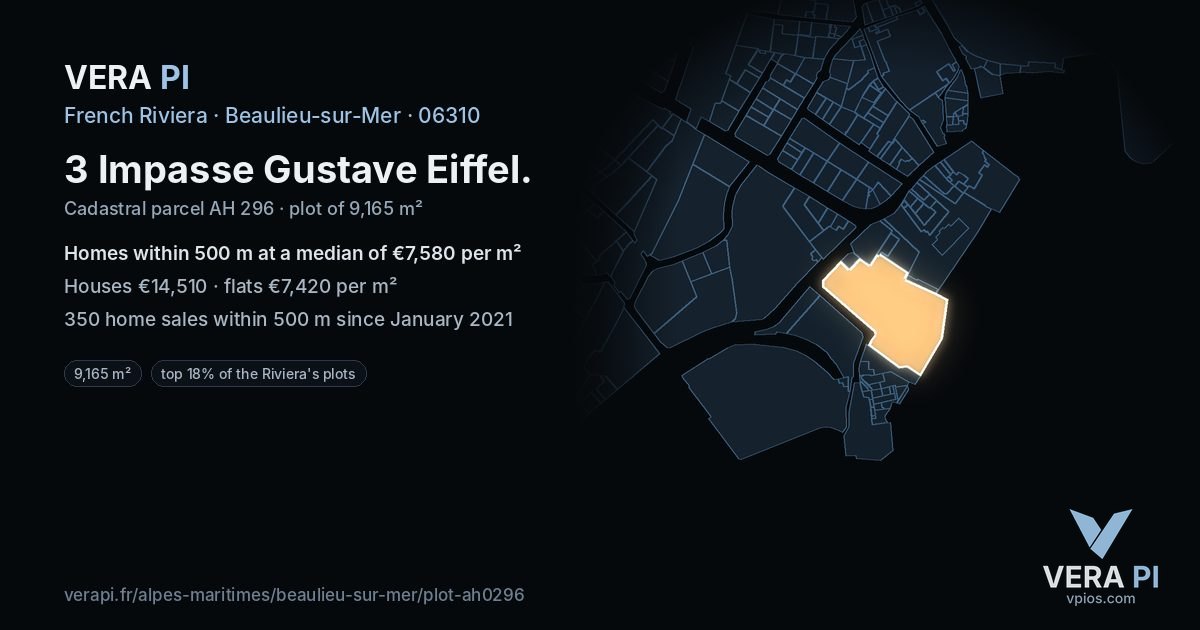 3 Impasse Gustave Eiffel, Beaulieu-sur-Mer at night – the plot lit, the parcels around coloured by the prices near them