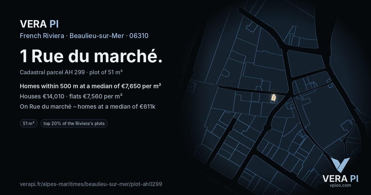 1 Rue du marché, Beaulieu-sur-Mer at night – the plot lit, the parcels around coloured by the prices near them