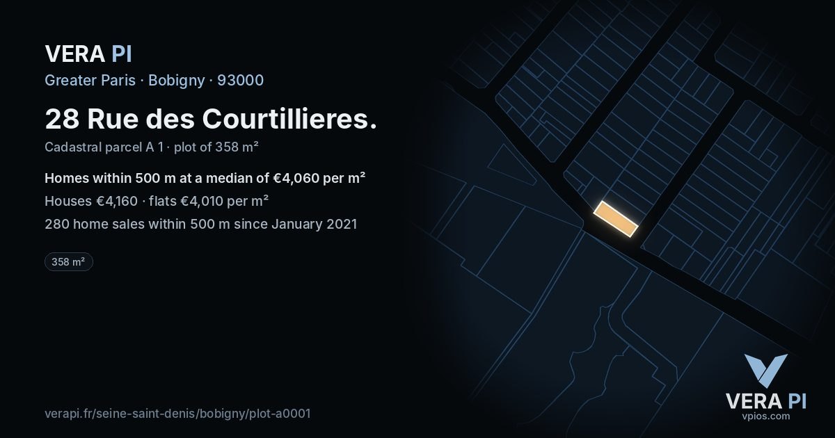 28 Rue des Courtillieres, Bobigny at night – the plot lit, the parcels around coloured by the prices near them