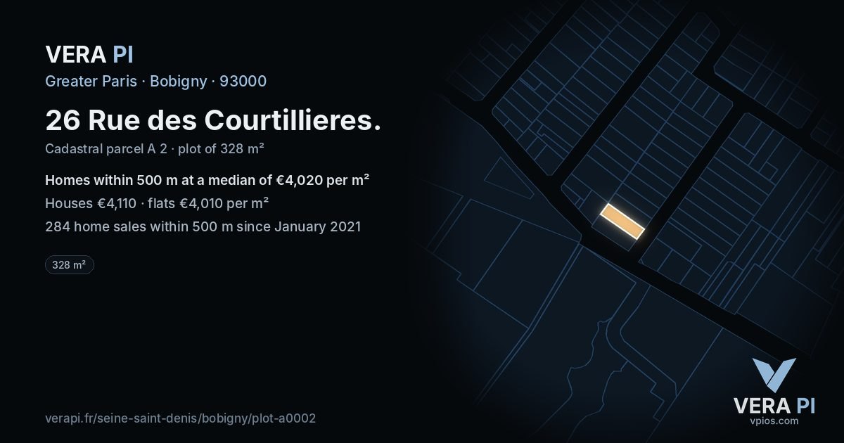 26 Rue des Courtillieres, Bobigny at night – the plot lit, the parcels around coloured by the prices near them