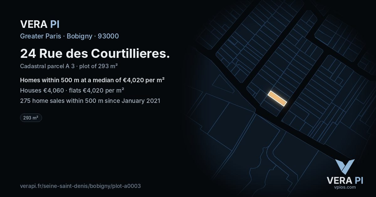 24 Rue des Courtillieres, Bobigny at night – the plot lit, the parcels around coloured by the prices near them