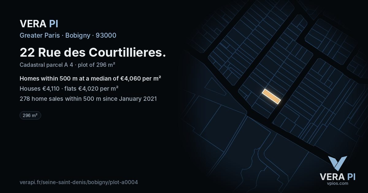 22 Rue des Courtillieres, Bobigny at night – the plot lit, the parcels around coloured by the prices near them
