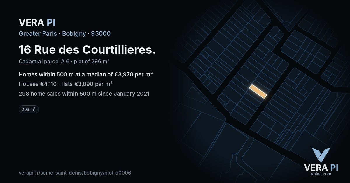 16 Rue des Courtillieres, Bobigny at night – the plot lit, the parcels around coloured by the prices near them