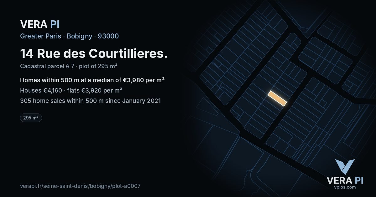 14 Rue des Courtillieres, Bobigny at night – the plot lit, the parcels around coloured by the prices near them