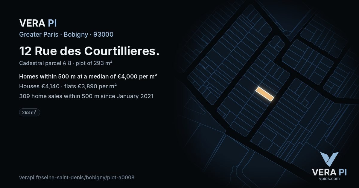 12 Rue des Courtillieres, Bobigny at night – the plot lit, the parcels around coloured by the prices near them