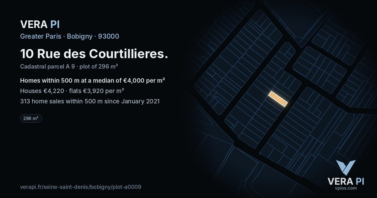 10 Rue des Courtillieres, Bobigny at night – the plot lit, the parcels around coloured by the prices near them