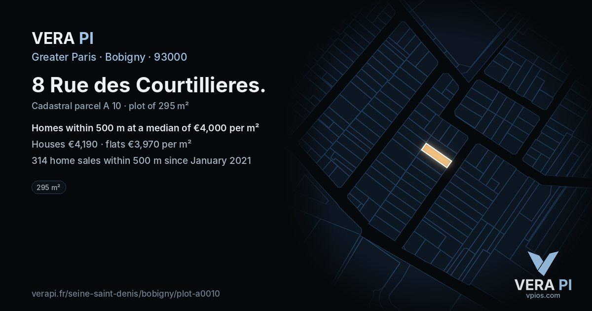 8 Rue des Courtillieres, Bobigny at night – the plot lit, the parcels around coloured by the prices near them