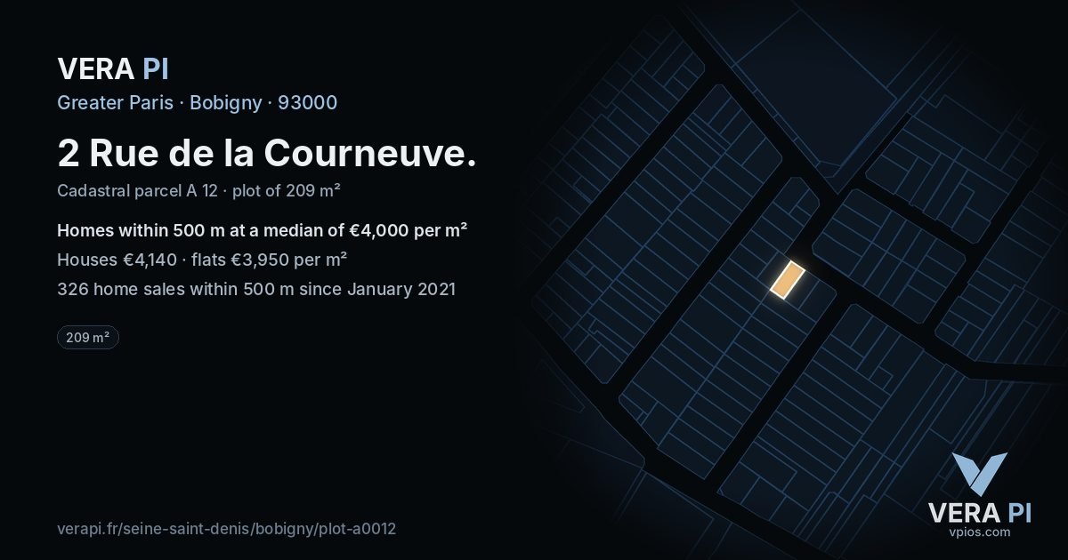2 Rue de la Courneuve, Bobigny at night – the plot lit, the parcels around coloured by the prices near them
