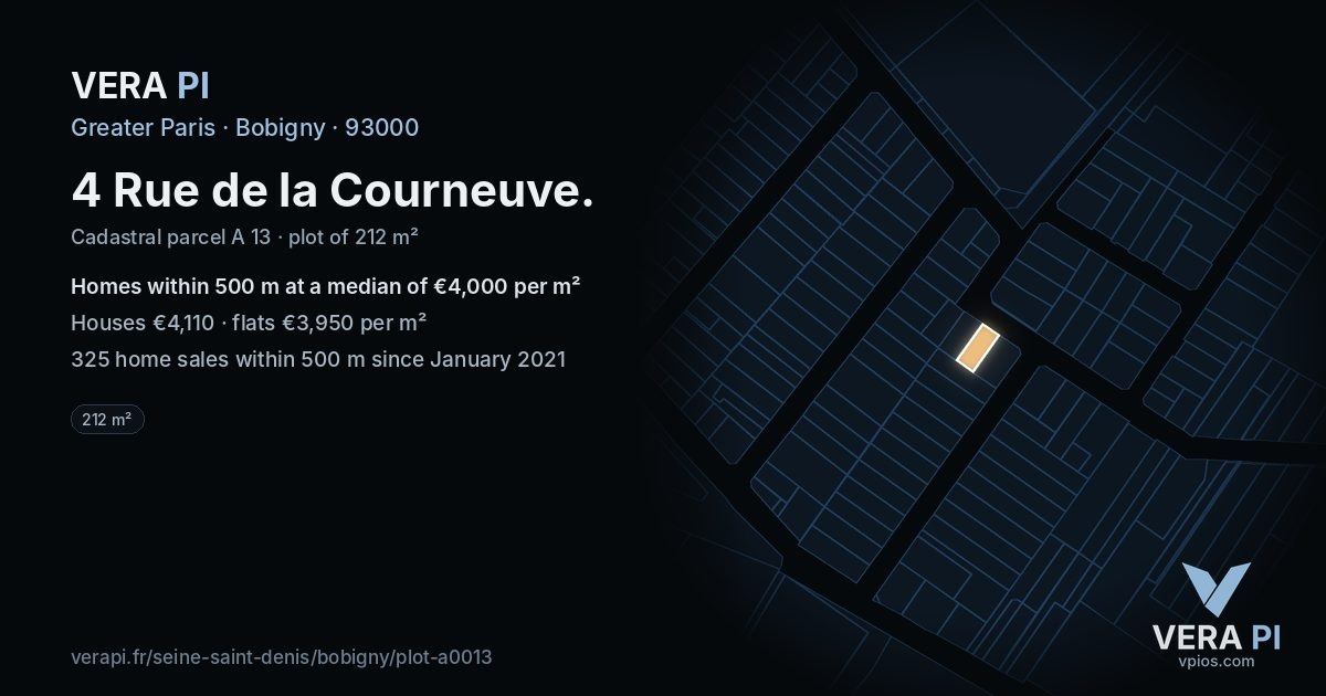 4 Rue de la Courneuve, Bobigny at night – the plot lit, the parcels around coloured by the prices near them