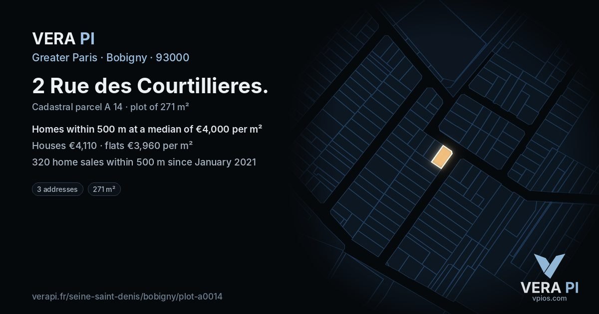 2 Rue des Courtillieres, Bobigny at night – the plot lit, the parcels around coloured by the prices near them