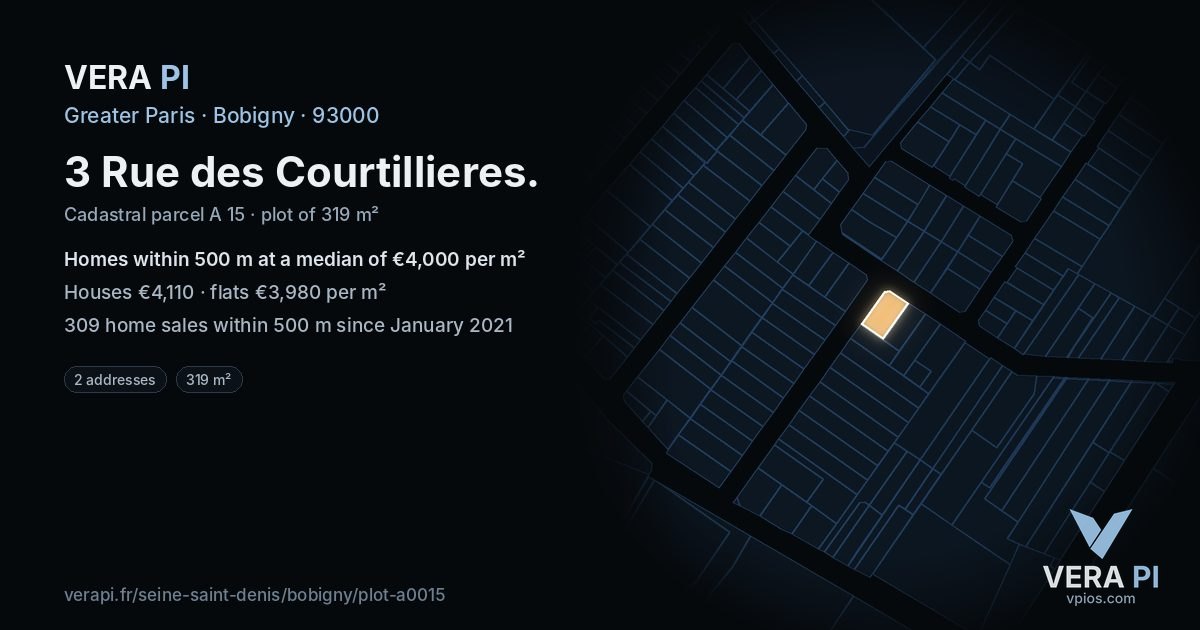 3 Rue des Courtillieres, Bobigny at night – the plot lit, the parcels around coloured by the prices near them