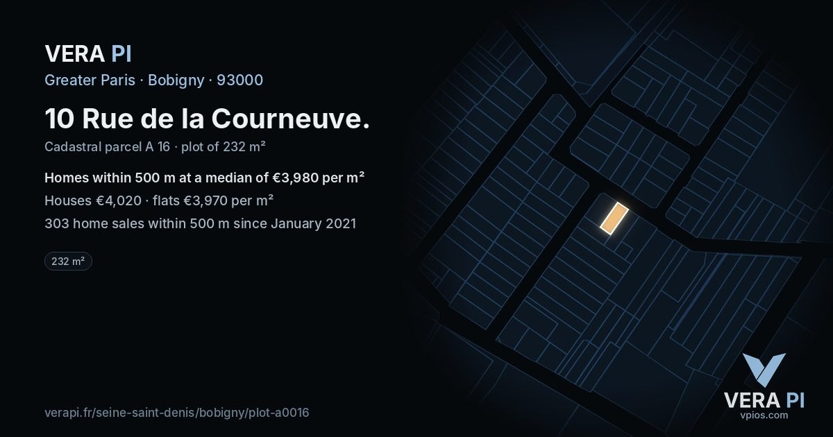 10 Rue de la Courneuve, Bobigny at night – the plot lit, the parcels around coloured by the prices near them