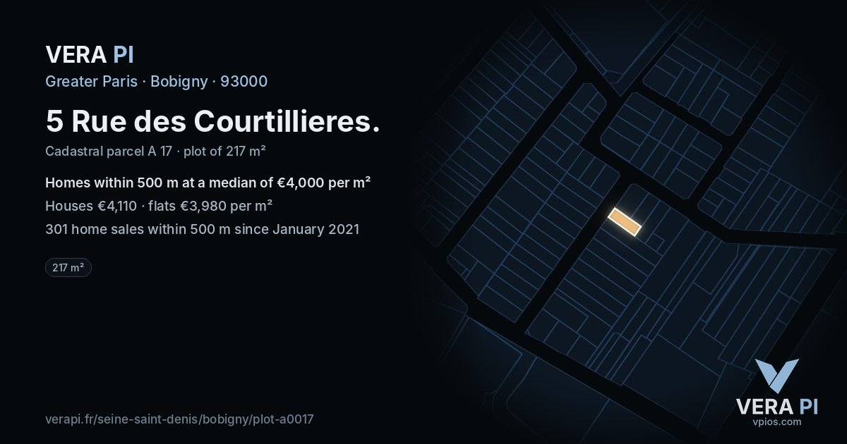 5 Rue des Courtillieres, Bobigny at night – the plot lit, the parcels around coloured by the prices near them