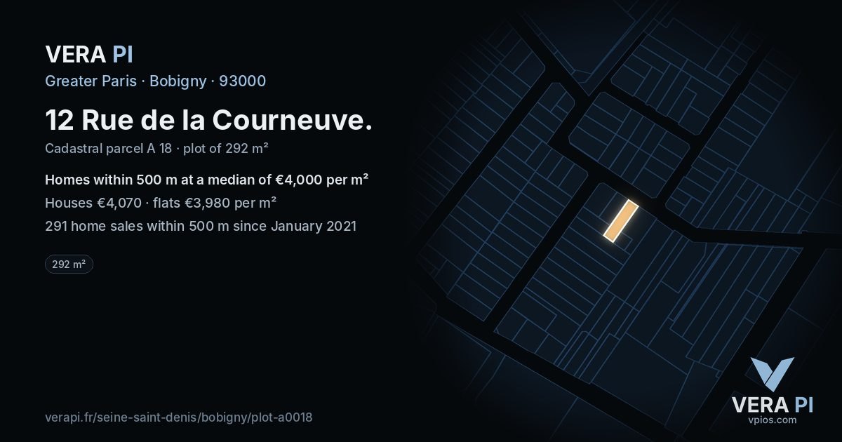 12 Rue de la Courneuve, Bobigny at night – the plot lit, the parcels around coloured by the prices near them