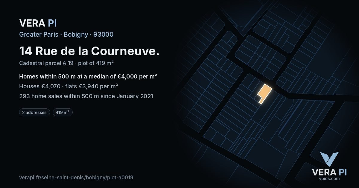 14 Rue de la Courneuve, Bobigny at night – the plot lit, the parcels around coloured by the prices near them